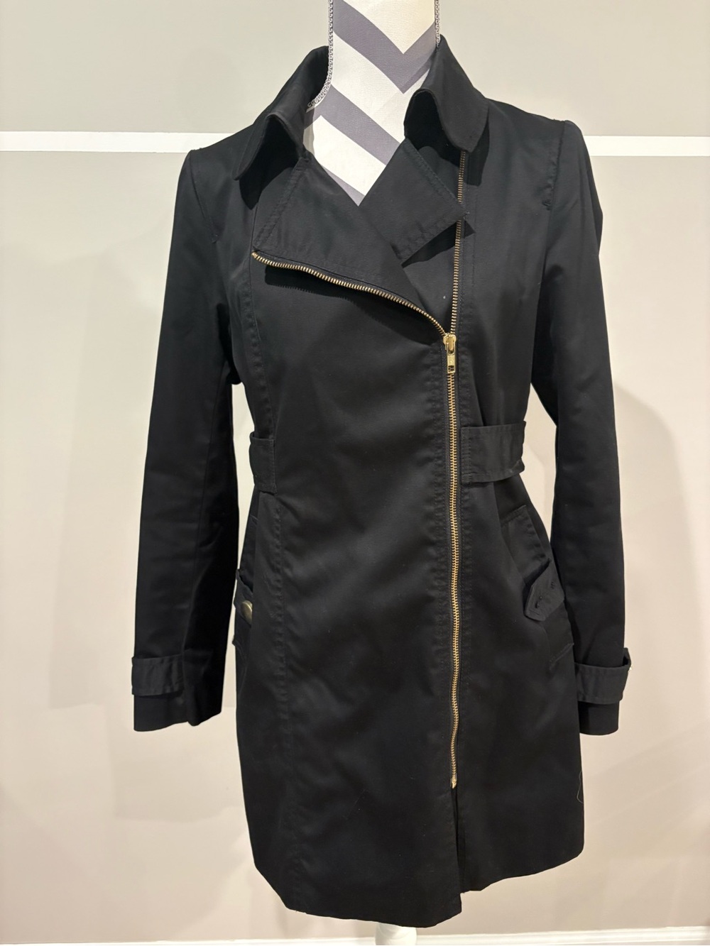 H&M Black Trench Coat with Asymmetrical Gold Zipper